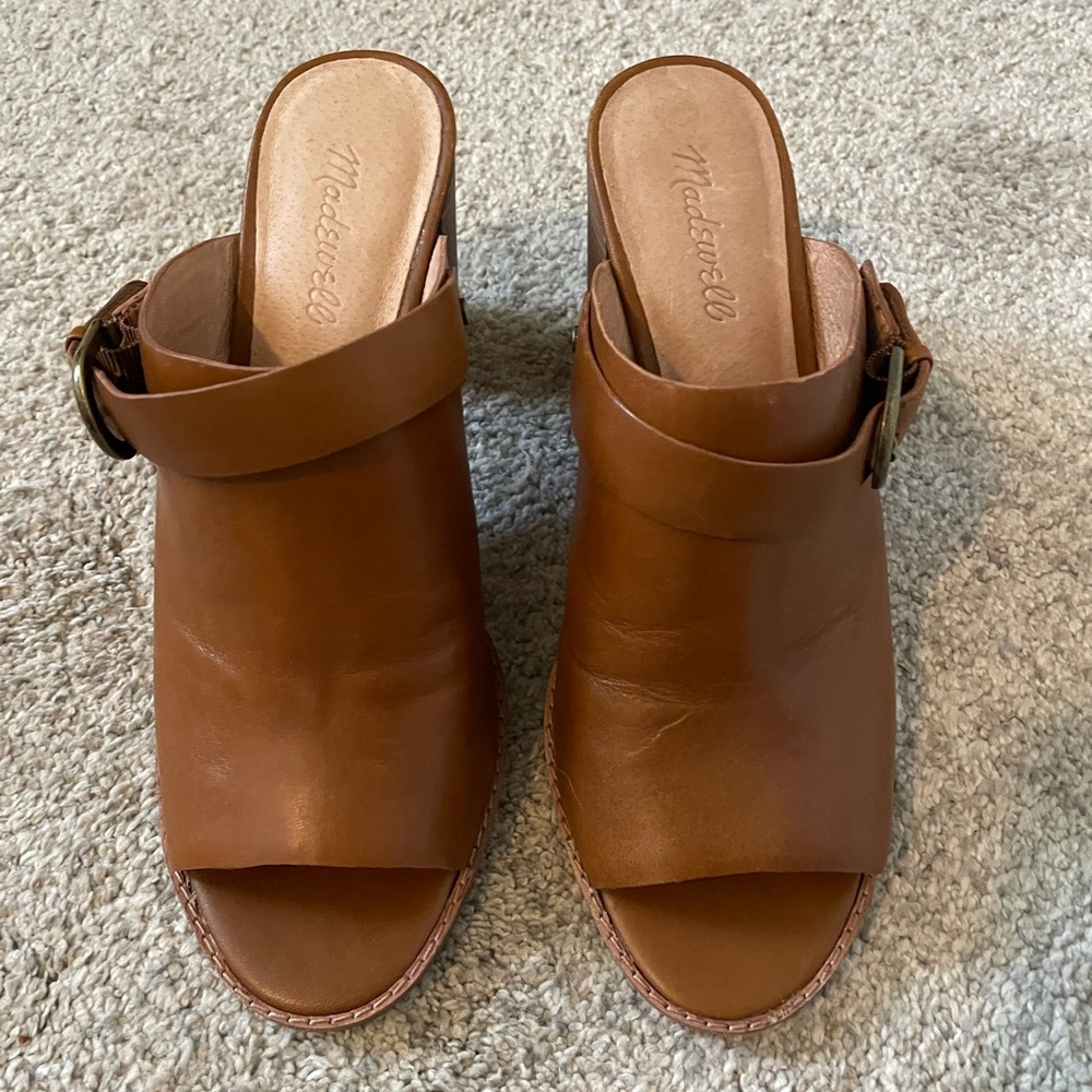 Madewell Brown Leather Peep-Toe Mule Clogs